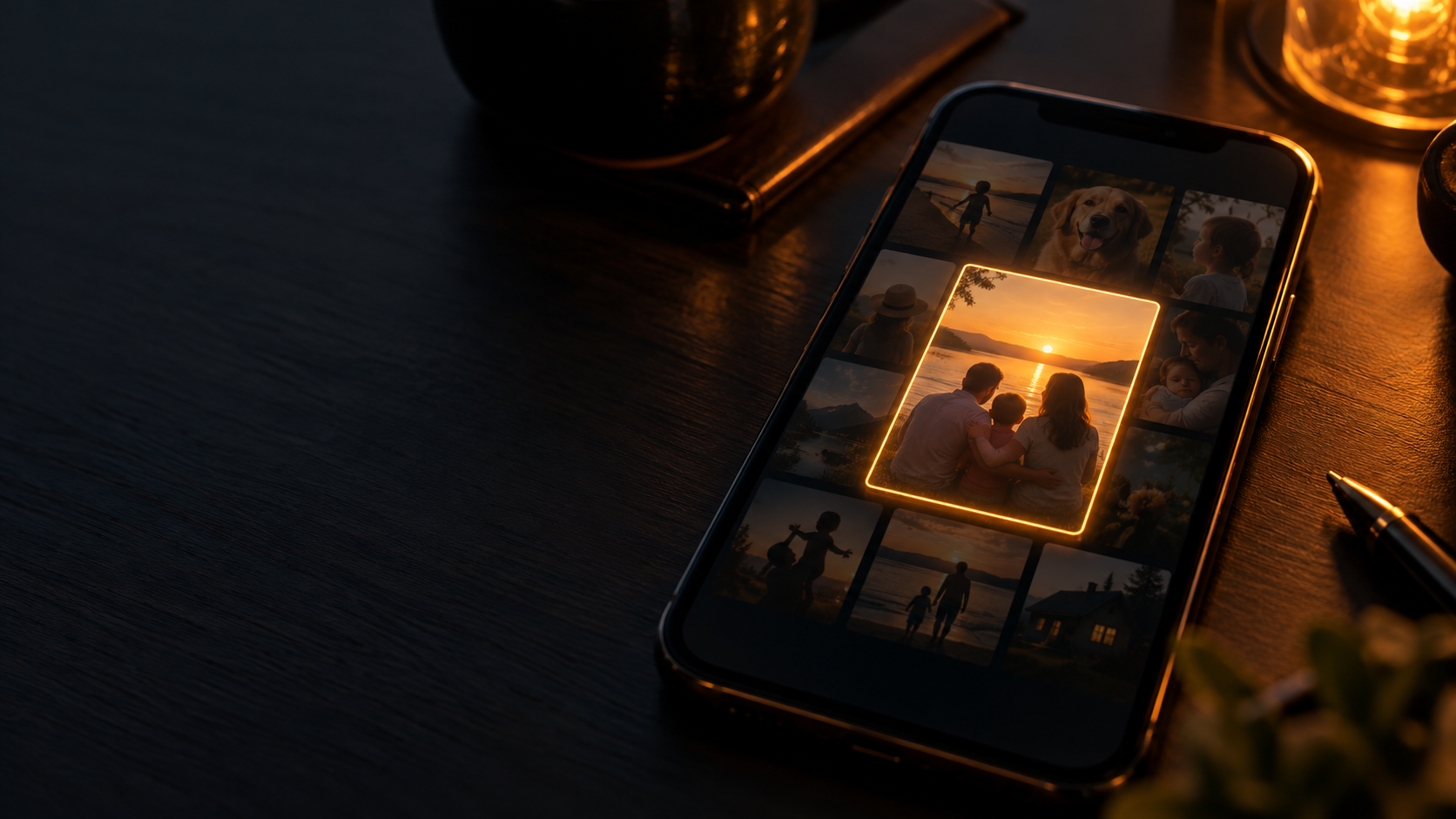 A smartphone resting on a dark desk in warm amber light